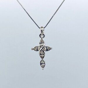 Sterling Silver 925 Italy Cross Necklace with Marquise CZ Stones, 18” Chain